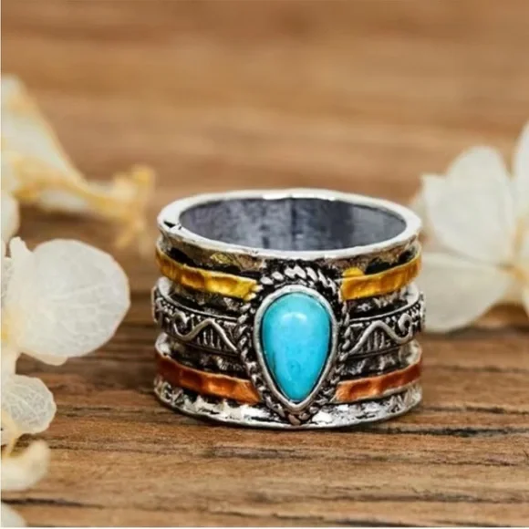 Anthropologie Turquoise and Mixed Metal Boho Ring (titanium) 8.5 - Picture 2 of 7